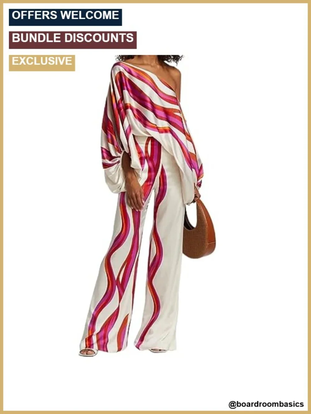 Women's 2 Piece Outfit Off Shoulder Printed Long Sleeve Wide Leg Pants Set